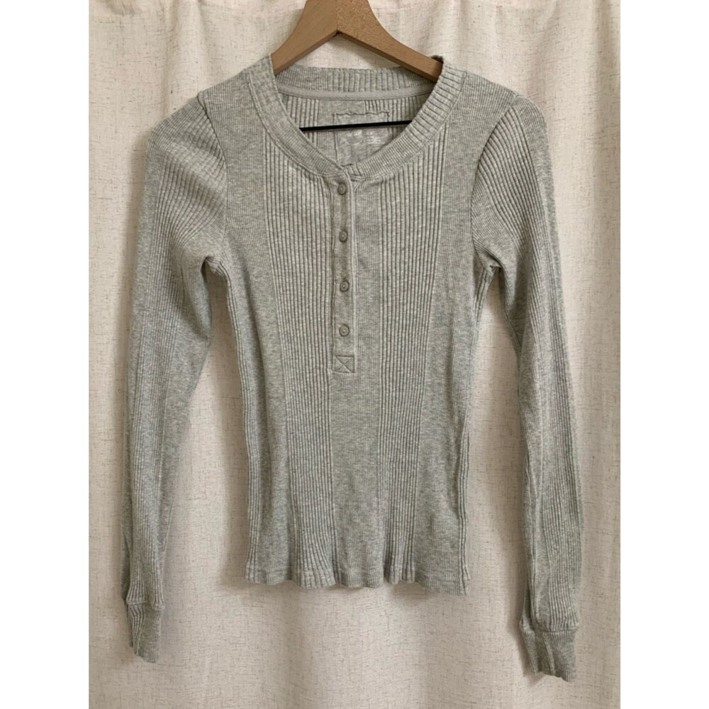 aerie Light Gray Ribbed Henley Long Sleeve Top Med Cozy Loungewear Classic